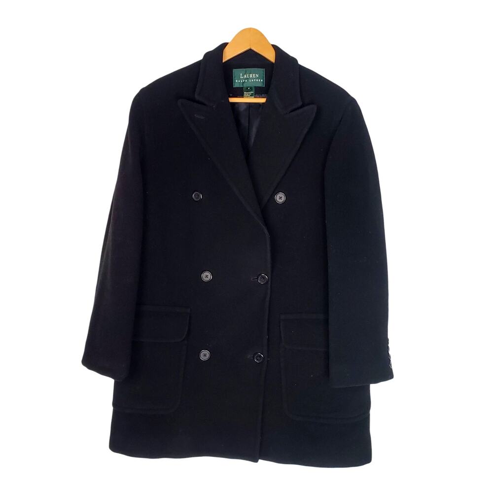 Lauren Ralph Lauren Double Breasted Coat Black 100% Virgin Wool Pockets Size 4